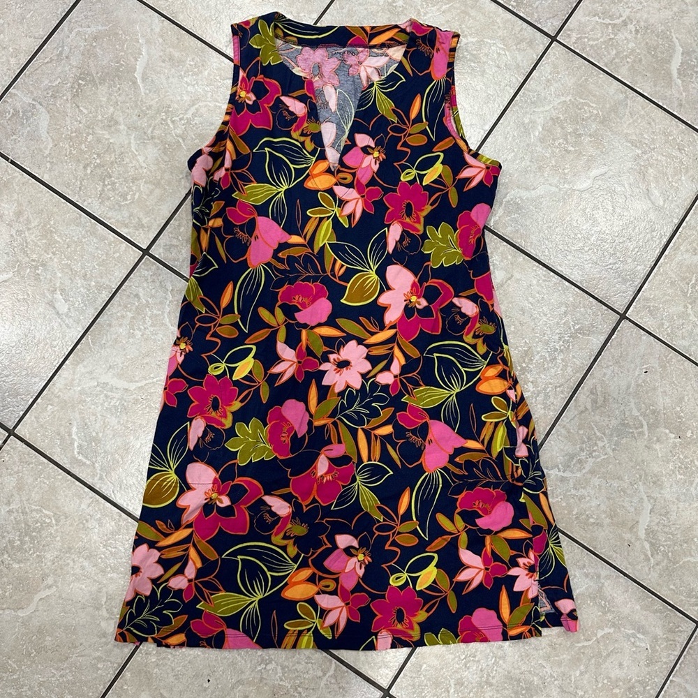 Lands' End Navy Floral Sleeveless V-Neck Mini Dress w/Pink & Orange Accents Med